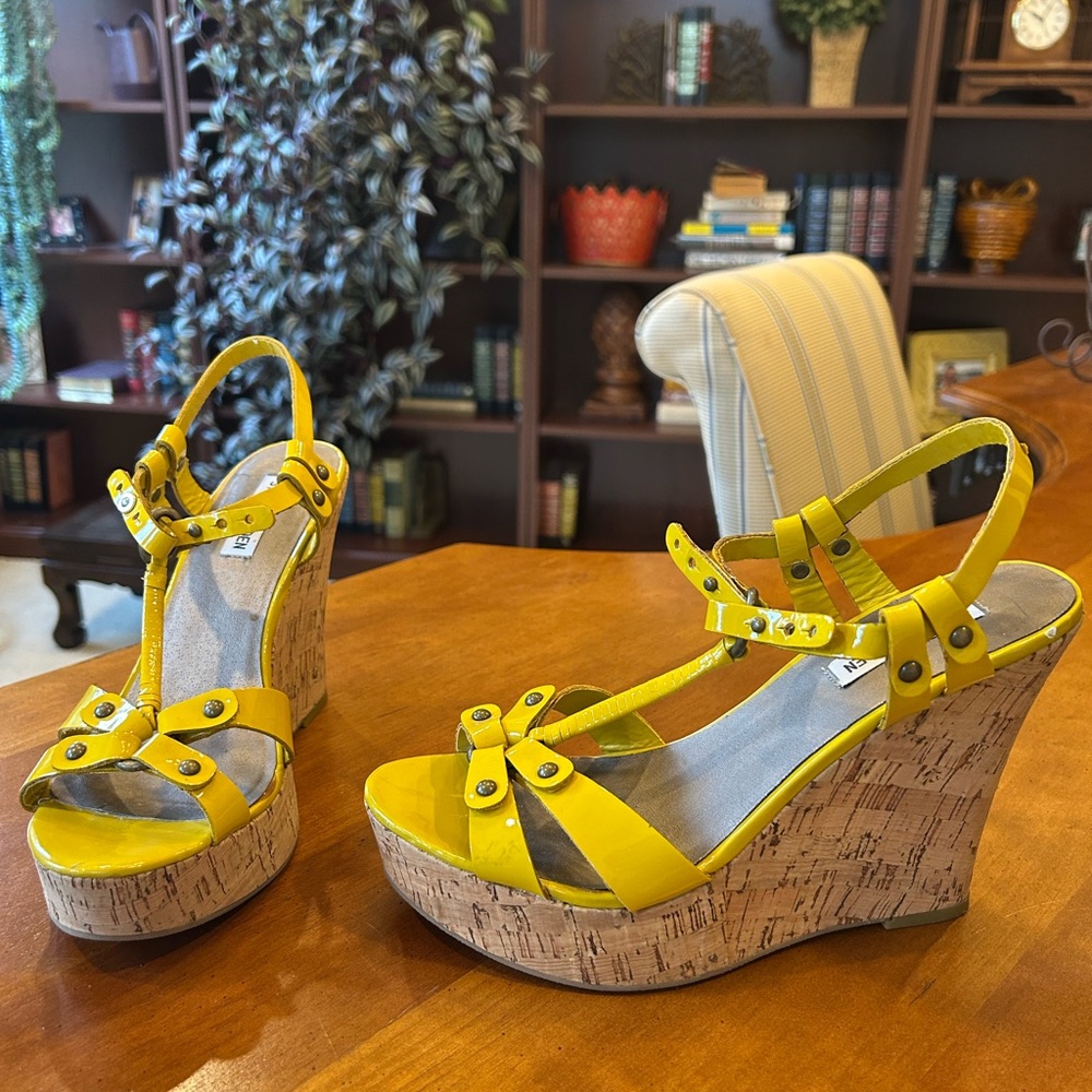 Vintage Yellow Strappy Wedge Sandals